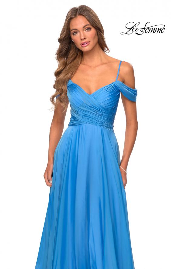 Picture of: Off the Shoulder Chiffon Dress with Scoop Back in Cloud Blue, Style: 28942, Detail Picture 4