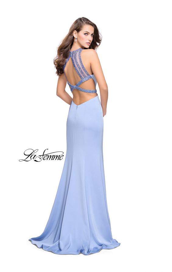 Picture of: Beaded Form Fitting Long Prom Dress with Leg Slit in Cloud Blue, Style: 26129, Back Picture