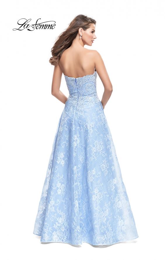 Picture of: Long Strapless Lace Ball Gown with Beading and Pockets in Cloud Blue, Style: 26338, Back Picture