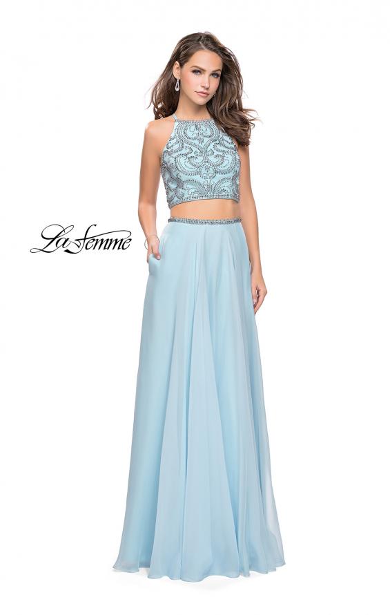 Picture of: Long Two Piece Dress with Beading and Strappy Back in Cloud Blue, Style: 25469, Detail Picture 3
