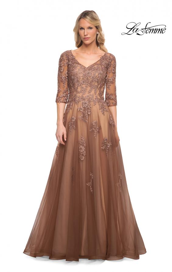 Picture of: A-line Tulle Gown with Floral Lace Detail and V-Neck in Cocoa, Style: 27908, Main Picture