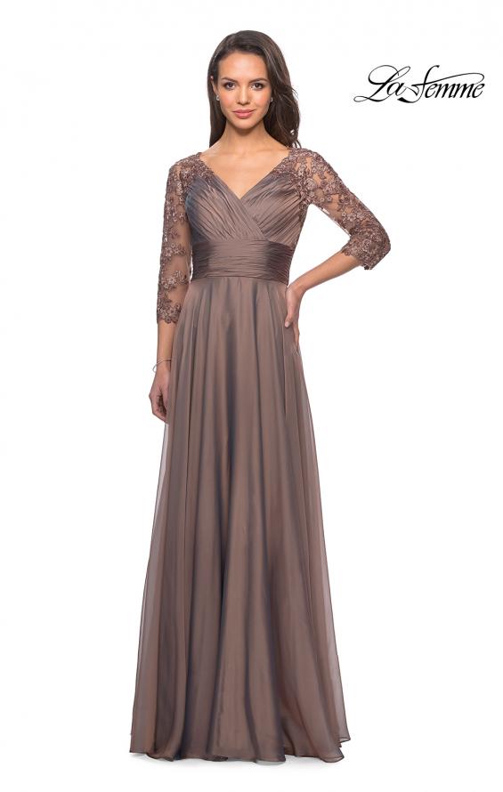 Picture of: Floor Length Chiffon Dress with Lace Sleeves in Cocoa, Style: 27153, Detail Picture 9