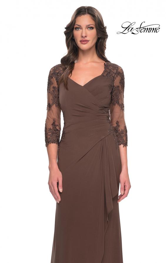 Picture of: Lace and Net Jersey Gown with Illusion Sleeves in Cocoa, Style: 30384, Detail Picture 11