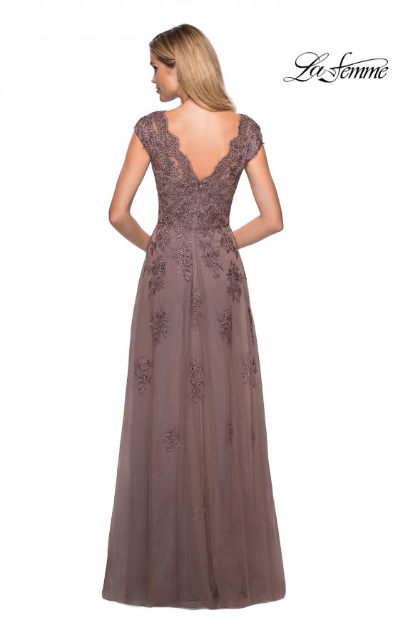 Picture of: Short Sleeve Lace Gown with Cascading Embellishments in Cocoa, Style: 26942, Back Picture