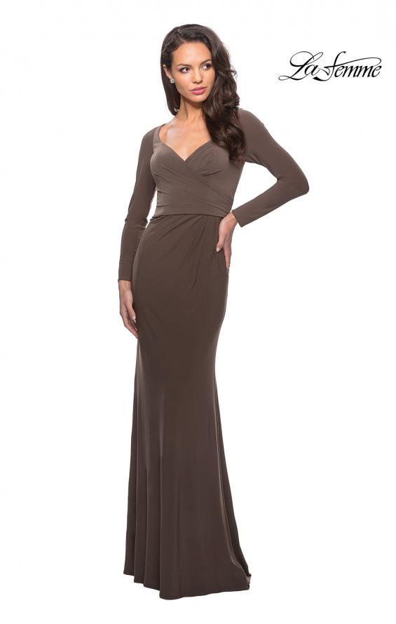 Picture of: Floor Length Jersey Gown with Long Sleeves and Ruching in Cocoa, Style: 25598, Detail Picture 1