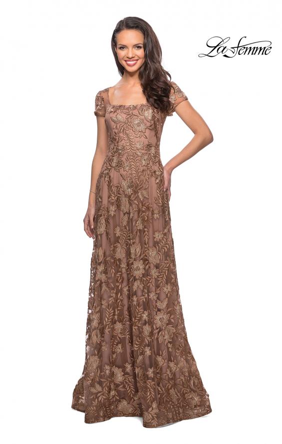 Picture of: Floor Length Short Sleeve Lace Gown in Cocoa, Style: 26582, Detail Picture 1