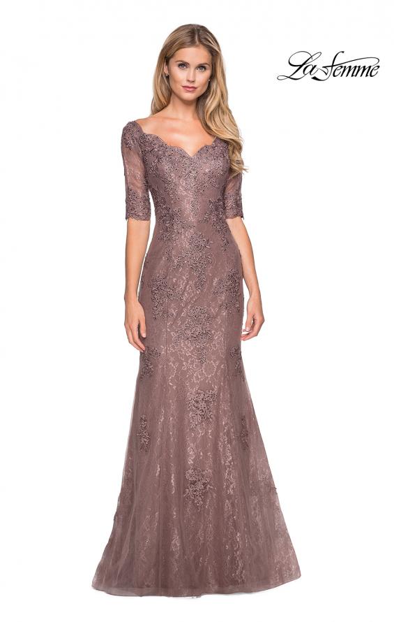 Picture of: Floor Length Lace Dress with Rhinestone Accents in Cocoa, Style: 26943, Detail Picture 1