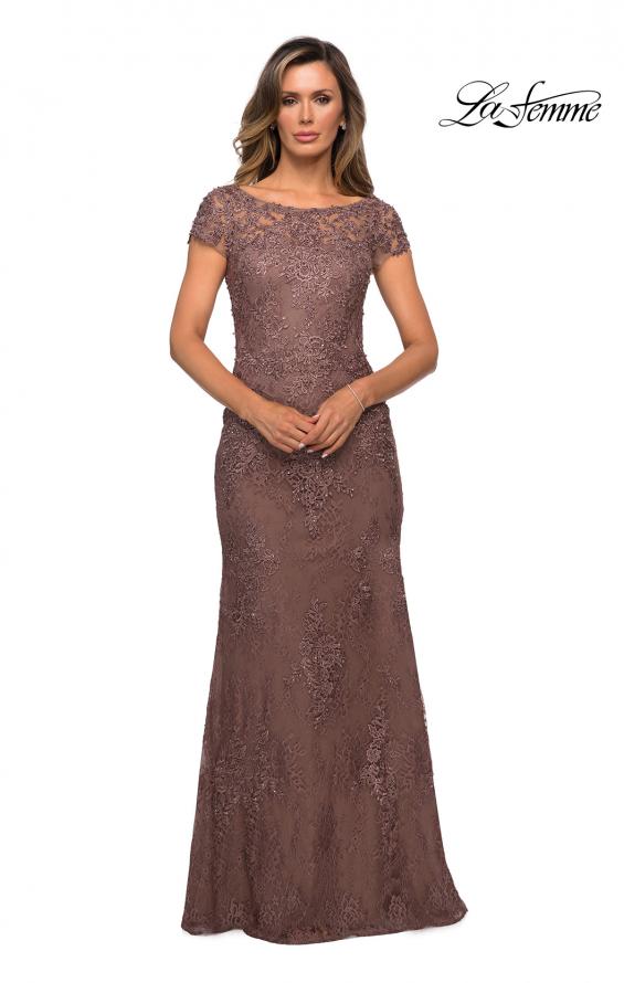 Picture of: Long Lace Evening Dress with Sheer Cap Sleeves in Cocoa, Style: 27856, Detail Picture 1