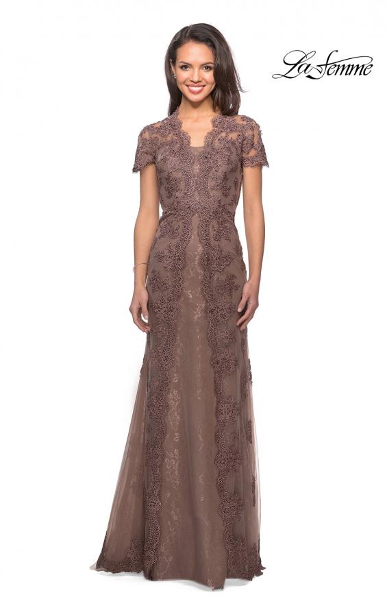 Picture of: Long Lace Evening Dress with Scallop Detailing and Rhinestones in Cocoa, Style: 28195, Detail Picture 1