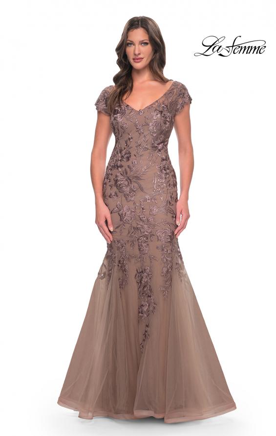 Picture of: Lace and Tulle Mermaid Gown with Cap Sleeves in Cocoa, Style: 30269, Detail Picture 1
