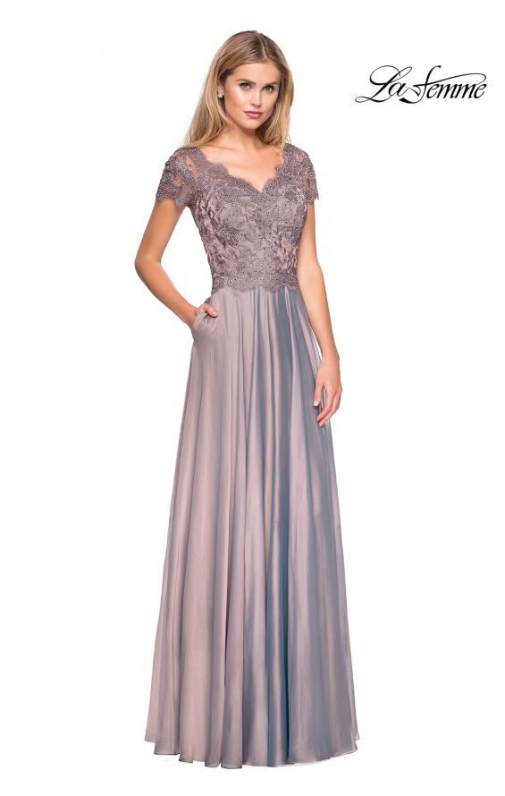 Picture of: Long Chiffon Dress with Lace Bodice and Pockets in Cocoa, Style: 27098, Detail Picture 2