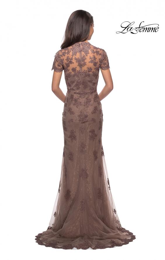 Picture of: Long Lace Evening Dress with Scallop Detailing and Rhinestones in Cocoa, Style: 28195, Detail Picture 2