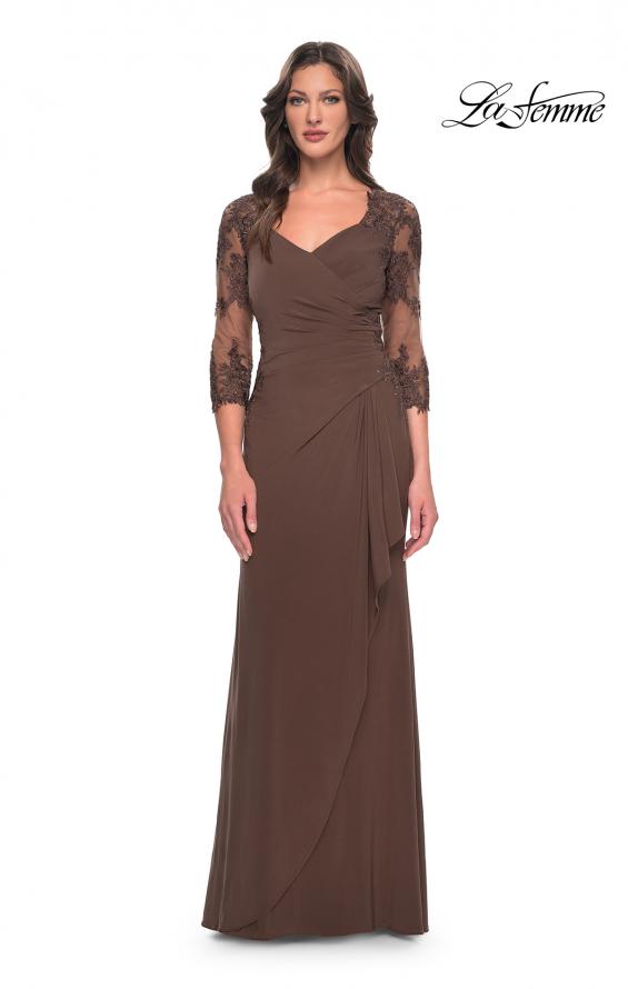 Picture of: Lace and Net Jersey Gown with Illusion Sleeves in Cocoa, Style: 30384, Detail Picture 3