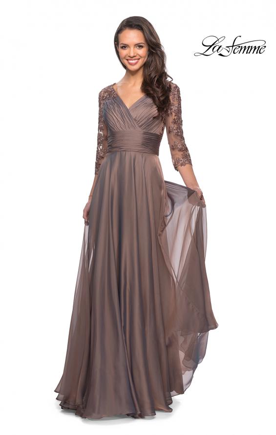 Picture of: Floor Length Chiffon Dress with Lace Sleeves in Cocoa, Style: 27153, Detail Picture 7