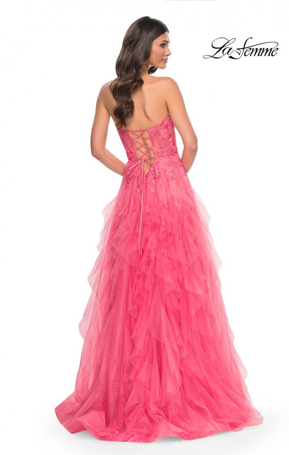 Picture of: A-Line Ruffle Tulle Prom Dress with Lace Bustier Bodice in Orange, Style: 32286, Back Picture