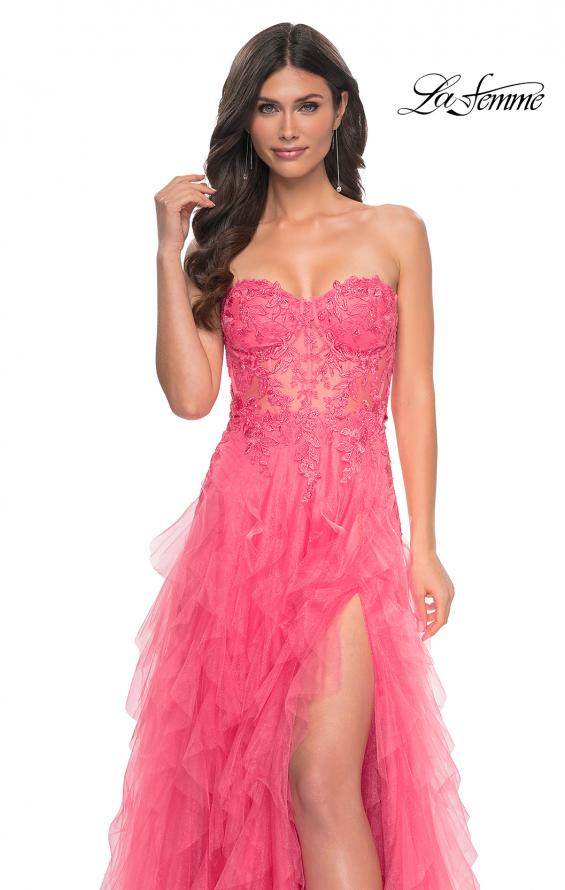 Picture of: A-Line Ruffle Tulle Prom Dress with Lace Bustier Bodice in Orange, Style: 32286, Detail Picture 1