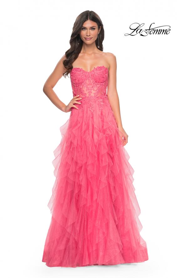 Picture of: A-Line Ruffle Tulle Prom Dress with Lace Bustier Bodice in Orange, Style: 32286, Detail Picture 3