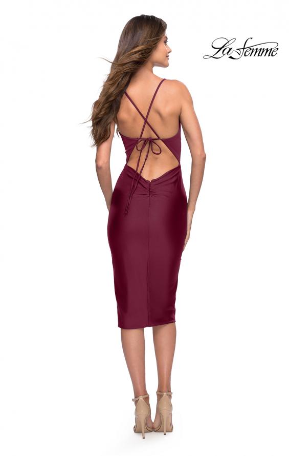 Picture of: Midi Jersey Dress with High Slit and Ruffle Detail in Dark Berry, Style 30925, Back Picture