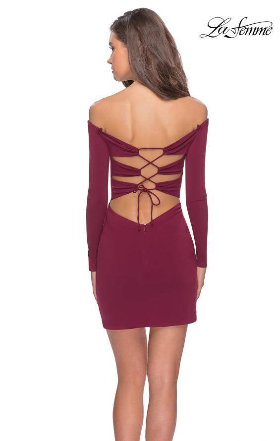 Picture of: Off The Shoulder Long Sleeve Dress with Lace Up Back in Burgundy, Style: 28212, Detail Picture 1