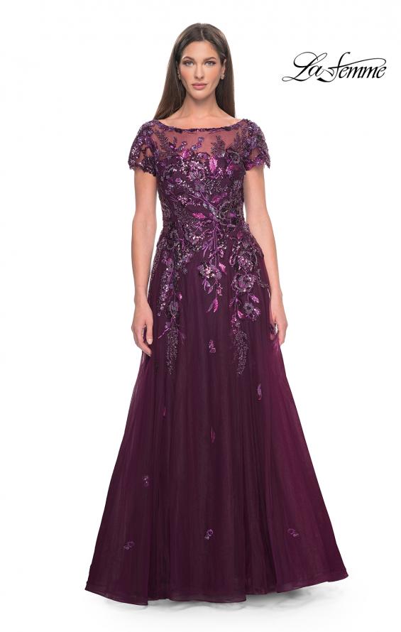 Picture of: A-line Gown with Unique Sequin Floral Applique in Dark Berry, Style: 31712, Main Picture