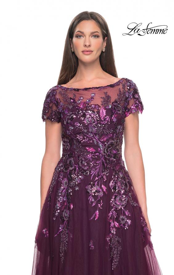 Picture of: A-line Gown with Unique Sequin Floral Applique in Dark Berry, Style: 31712, Detail Picture 1