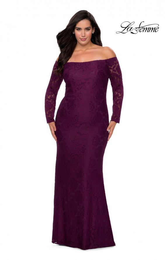 Picture of: Long Sleeve Off The Shoulder Lace Plus Size Dress in Burgundy, Style: 28859, Main Picture