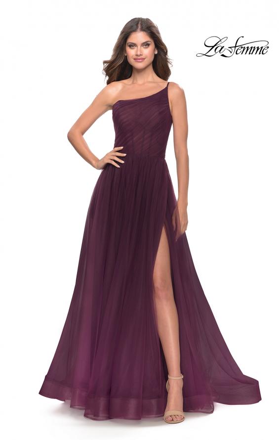 Picture of: One Shoulder A-Line Tulle Gown with Sheer Bodice in Dark Berry, Style: 31069, Main Picture
