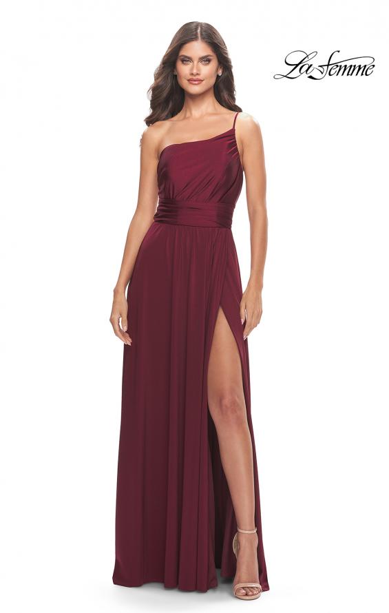 Picture of: Chic One Shoulder Long Jersey Gown with Defined Waist in Dark Berry, Style: 31170, Main Picture