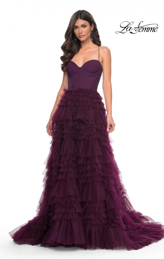Picture of: Ruffle Tulle A-Line Dress with Satin Bustier Top in Purple, Style: 32071, Detail Picture 13