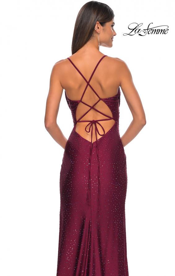 Picture of: Drape Neckline Jeweled Jersey Prom Dress with High Slit in Dark Berry, Style: 31221, Detail Picture 14