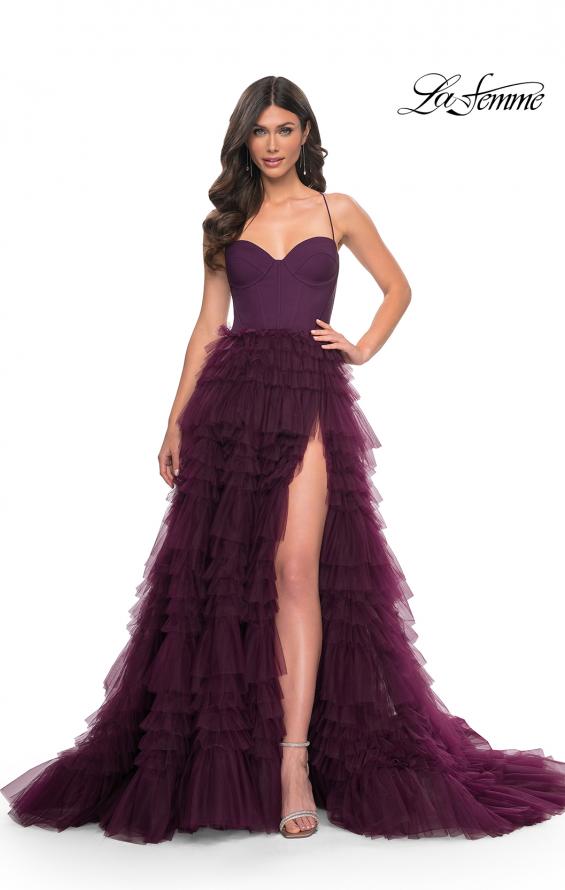 Picture of: Ruffle Tulle A-Line Dress with Satin Bustier Top in Purple, Style: 32071, Detail Picture 14