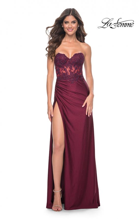 Picture of: Ruched Jersey Skirt with Lace Illusion Top and Rhinestone Prom Dress in Dark Berry, Style: 32011, Detail Picture 15