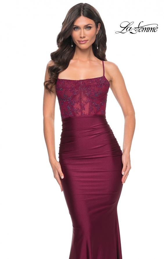 Picture of: Ruched Jersey Dress with Illusion Corset Lace Top in Purple, Style: 31857, Detail Picture 16