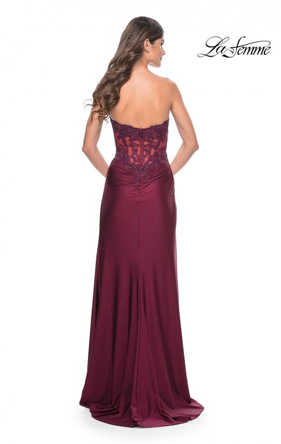 Picture of: Ruched Jersey Skirt with Lace Illusion Top and Rhinestone Prom Dress in Dark Berry, Style: 32011, Detail Picture 16