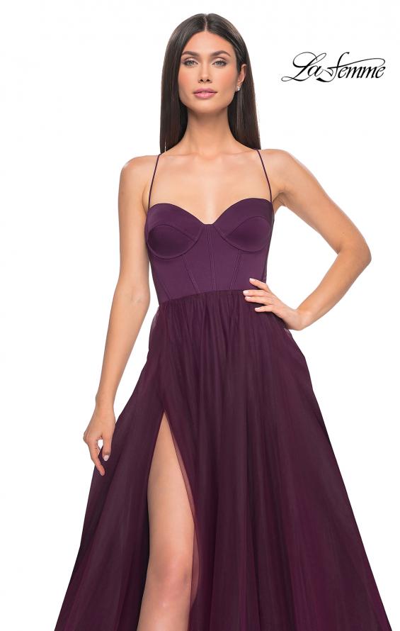 Picture of: Tulle A-Line Gown with Satin Bustier Top in Dark Berry, Style: 32065, Detail Picture 16
