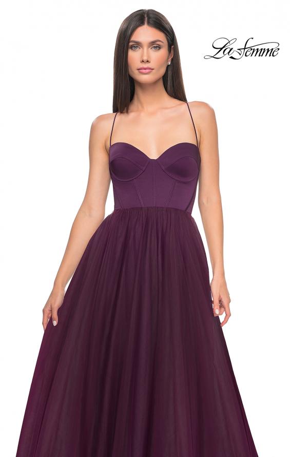 Picture of: Tulle A-Line Gown with Satin Bustier Top in Dark Berry, Style: 32065, Detail Picture 17