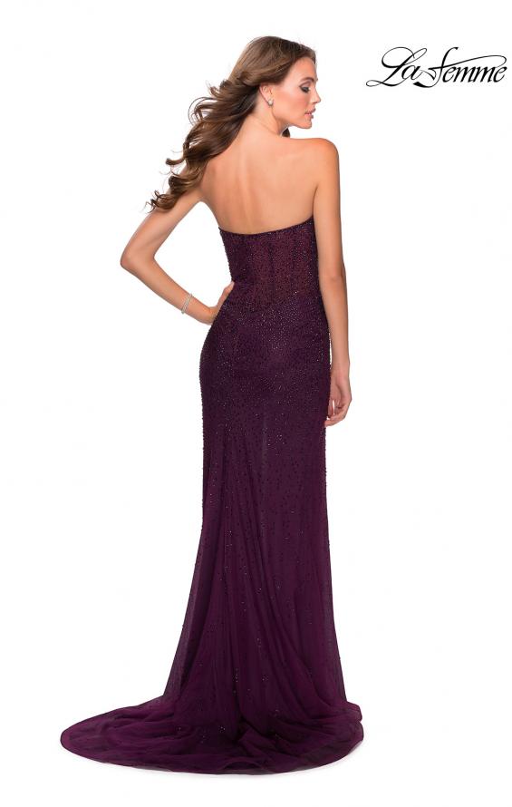 Picture of: Rhinestone Strapless Tulle Dress with Sheer Bodice in Burgundy, Style: 28621, Back Picture