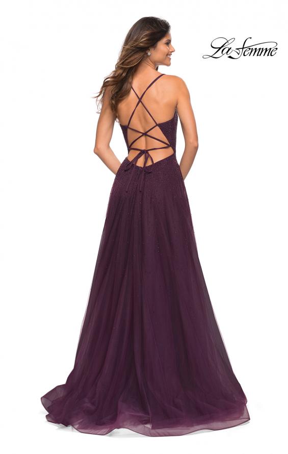 Picture of: Rhinestone and Tulle Gown with A-line Skirt in Dark Berry, Back Picture