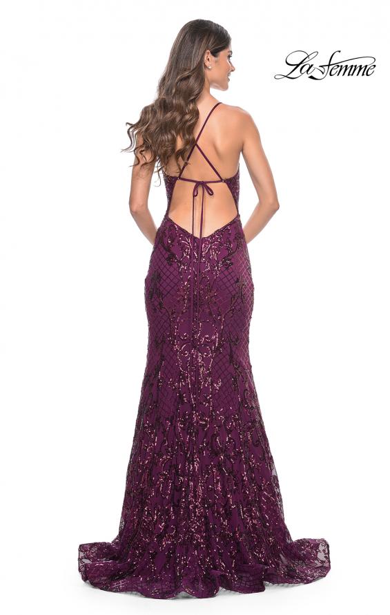 Picture of: Mermaid Print Sequin Dress with Lace Up Open Back in Dark Berry, Style: 31943, Back Picture