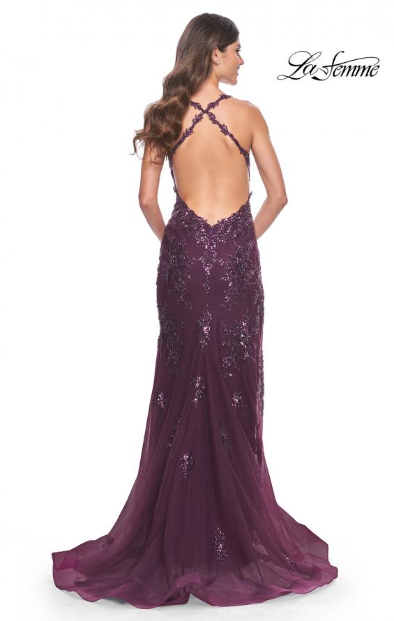 Picture of: Sequin Beaded Floral Gown with Illusion Bodice and High Slit in Dark Berry, Style: 32107, Back Picture