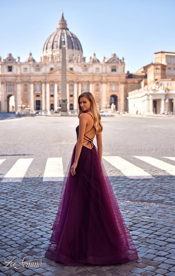 Picture of: A-Line Tulle Gown with High Slit and Illusion Rhinestone Fishnet Bodice in Dark Berry, Style: 32135, Back Picture