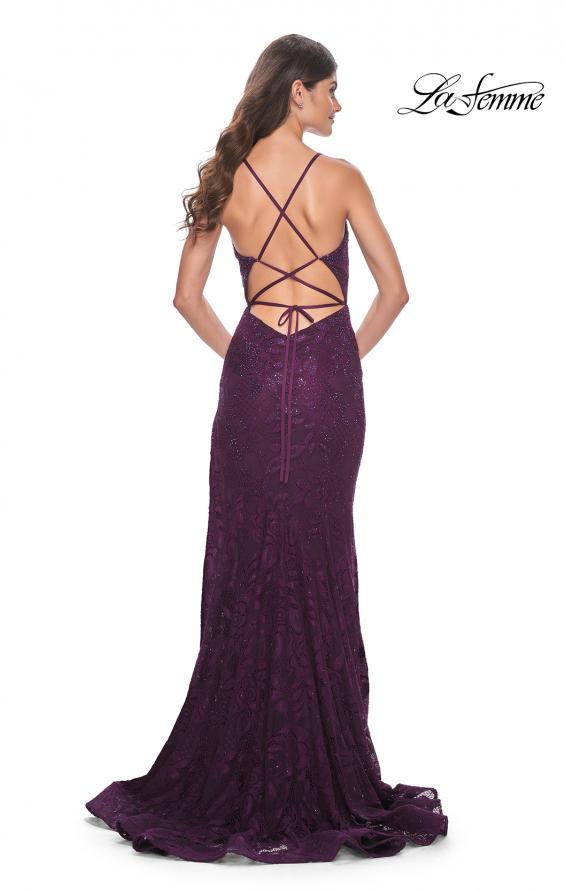 Picture of: Rhinestone Lace Embellished Prom Dress with High Side Slit in Bright Colors in Dark Berry, Style: 32308, Back Picture