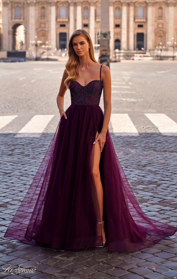 Picture of: A-Line Tulle Gown with High Slit and Illusion Rhinestone Fishnet Bodice in Dark Berry, Style: 32135, Detail Picture 18