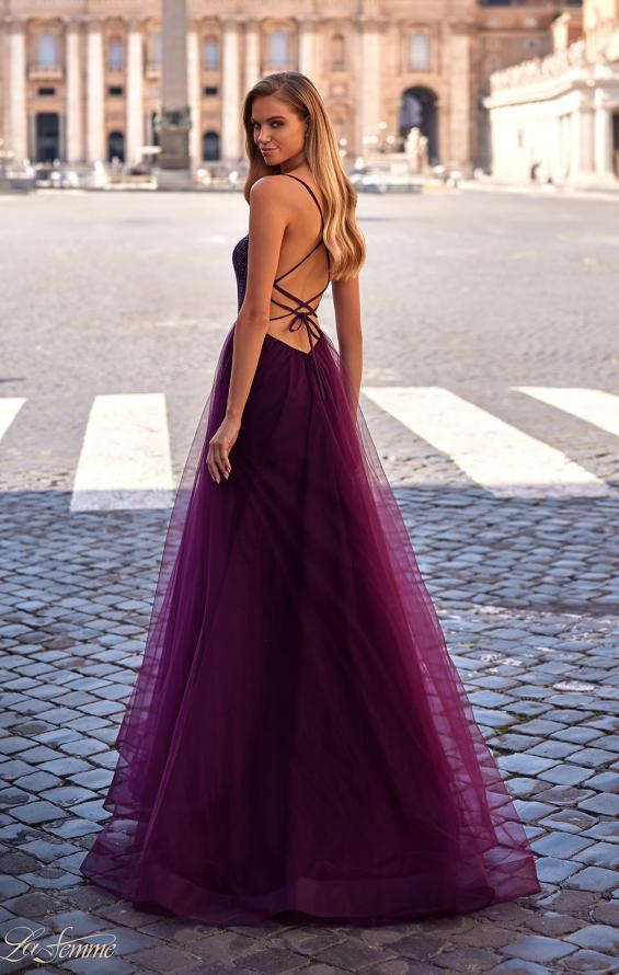Picture of: A-Line Tulle Gown with High Slit and Illusion Rhinestone Fishnet Bodice in Dark Berry, Style: 32135, Detail Picture 20