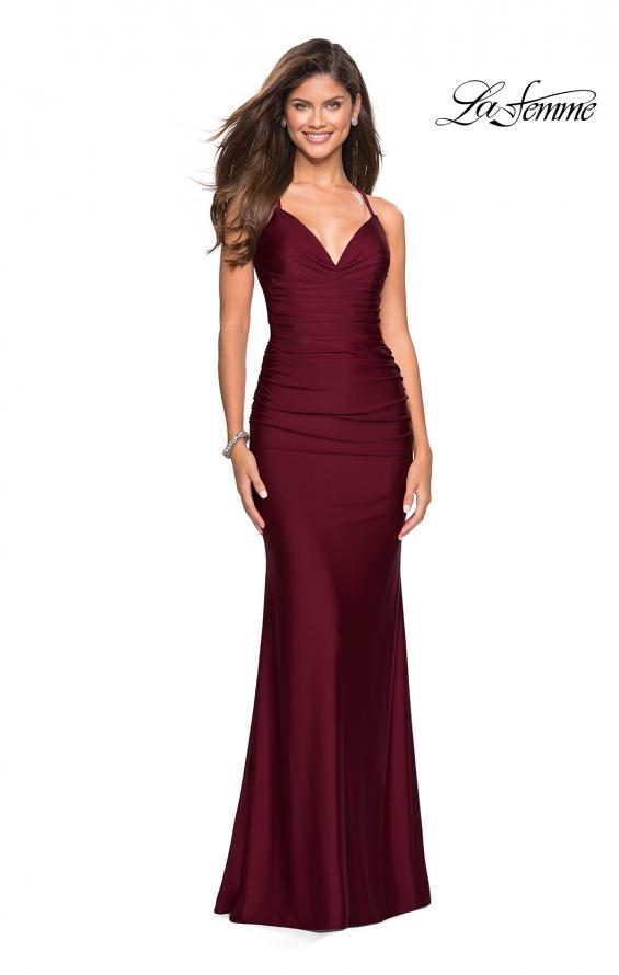 Picture of: Form Fitting Jersey Dress with Ruching and Strappy Back in Burgundy, Style: 27501, Detail Picture 1