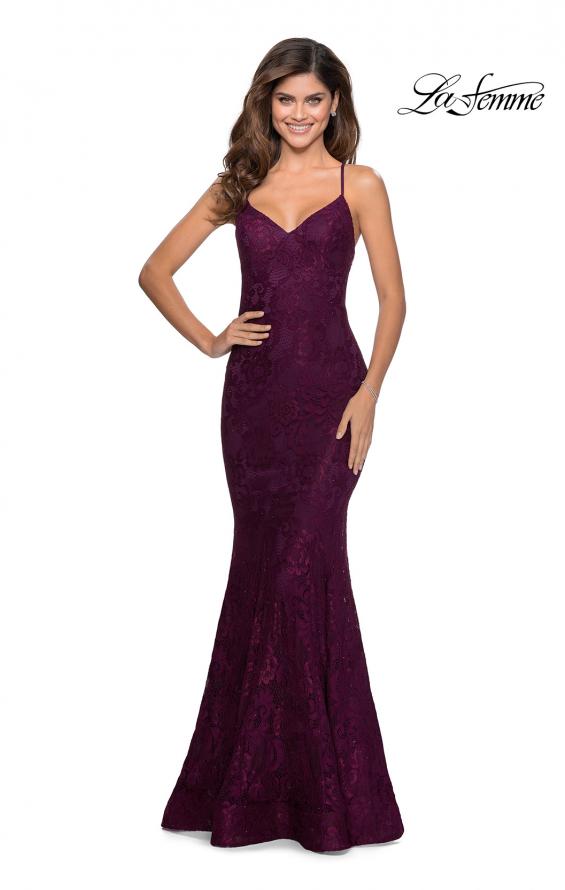 Picture of: Long Mermaid Lace Prom Dress with V Shaped Neckline in Burgundy, Style: 28504, Detail Picture 1