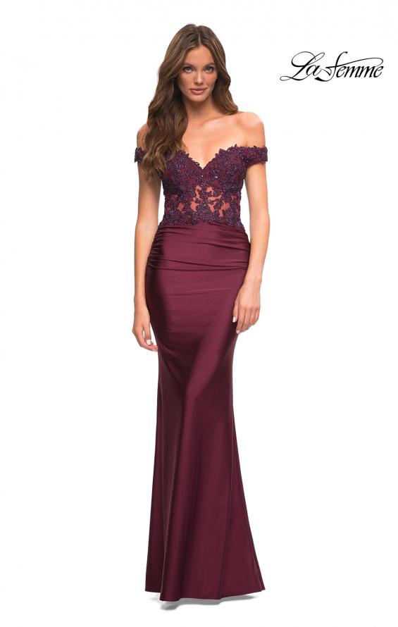 Picture of: Illusion Lace Top with Jersey Long Gown in Dark Berry, Detail Picture 1
