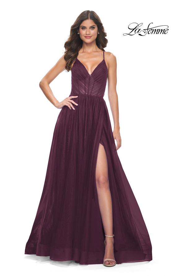 Picture of: A-Line Prom Dress with Illusion Ruched Bodice in Dark Berry, Style: 31457, Detail Picture 1