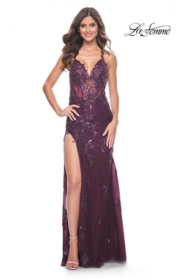 Picture of: Sequin Beaded Floral Gown with Illusion Bodice and High Slit in Dark Berry, Style: 32107, Detail Picture 1