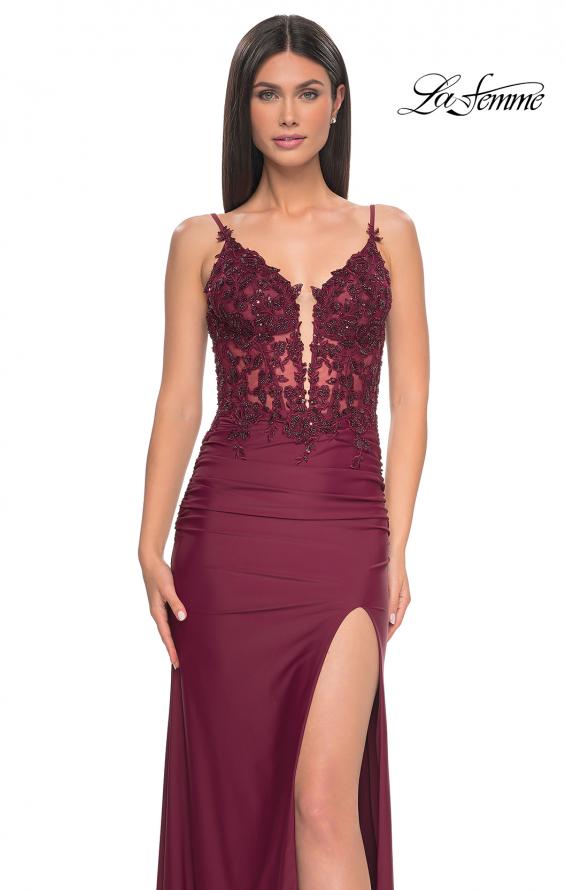 Picture of: Sheer Lace Top with Ruched Jersey Skirt Prom Dress in Dark Berry, Style: 32132, Detail Picture 1
